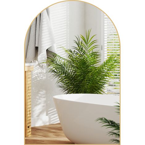 Badezimmerspiegel mit goldfarbenem Aluminiumrahmen, geschwungenes Design für Wohnzimmer oder Eingangsbereich, Maße 60 x 90 cm