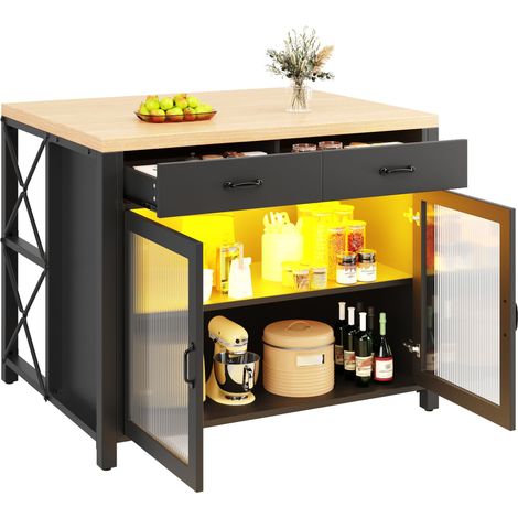 Îlot de cuisine noir avec éclairage LED, plateau effet bois, 2 tiroirs, portes vitrées et pieds réglables, 100 × 80 × 90 cm (1/5)