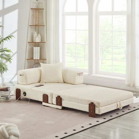 2-in-1 Folding Sofa with Sleep Function & USB/Type C Port & Storage, Compact Sofa Bed with Armrests for Small Spaces, Guest Room & Loft - Beige