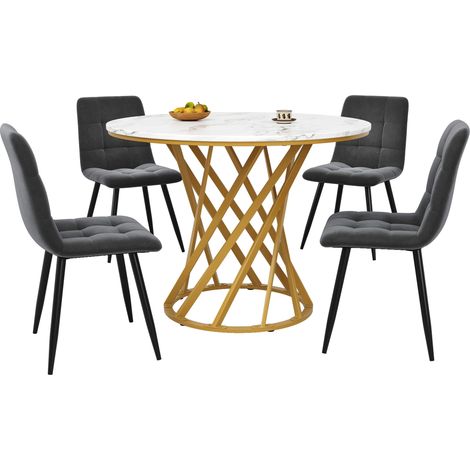 ELVMI Tisch- und Stuhlset mit 1 rundem Tisch und 4 Stühlen, MDF-Platte in Marmoroptik, Metall und Mehrfarbig (1/5)