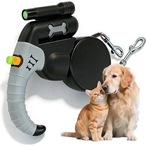 2-in-1 Doppel-Hundegeschirr – Schwarz und Grau – Ausziehbare Leine mit LED-Licht und Aufbewahrungsbox – Hundeleine (1/5)