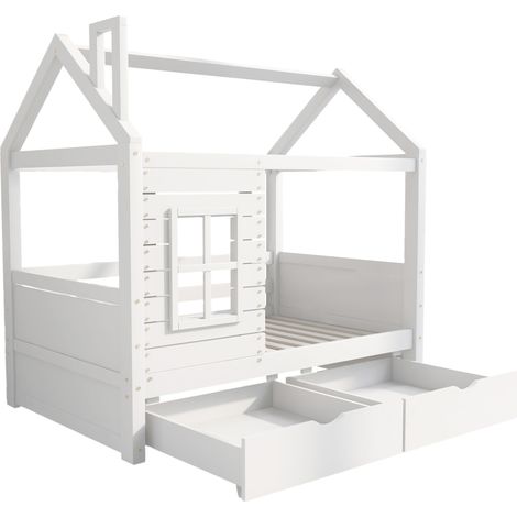 Letto casetta per bambini 80 x 160 cm con barriera, finestre, rete a doghe, pino bianco (1/5)