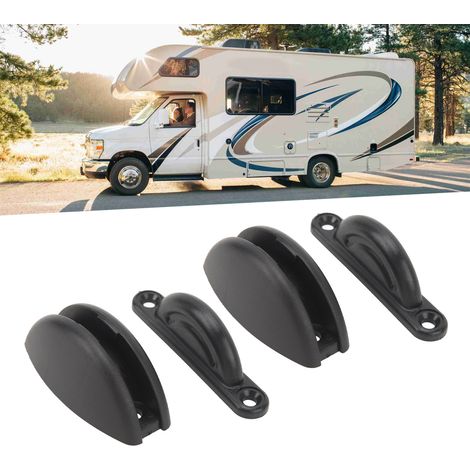 Zwei Modifikationszubehörteile für Wohnmobile: Türriegel aus Nylon, halbkreisförmige Türriegel, Türbegrenzer und schwarze Türclips. (1/5)