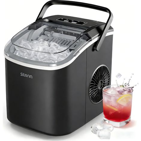 noire etite machine à glaçons, 9 cubes prêts en 6 minutes, 12 kg/jour, autonettoyante, avec poignée de transport, panier et pelle, 2 tailles de glaçons pour la maison, la cuisine (1/5)