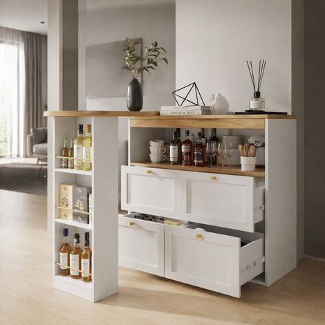 Sideboard pivotant 138/39/104 cm blanc avec 4 tiroirs et étagères ouvertes