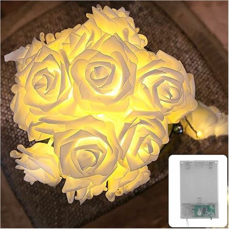 Guirlande lumineuse LED roses blanches – Batterie de 5 m 20 fleurs blanc chaud Guirlande lumineuse rose Décoration pour chambre à coucher, coiffeuse Guirlande lumineuse rose à piles (1/5)