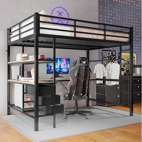 Lit mezzanine métal noir 140x200 cm avec bureau, LED, USB, prise, 3 tiroirs et étagères (1/5)