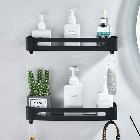 Etagere Douche Noir Etagere Salle de Bain sans Percage Panier Murale de Douche en Aluminium Tablette de Rangement Salle de Bain Serviteurs de Douche Adhésive, Durable, Non Rouillée (2 Niveaux) (1/4)