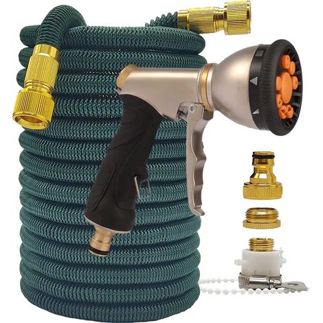 Tuyau d'arrosage haute pression avec pistolet, 1,75 m (5,75 pi), flexible, à double raccord métallique, vert foncé, pour la maison et le jardin. Pistolet de lavage pour voiture. (1/4)