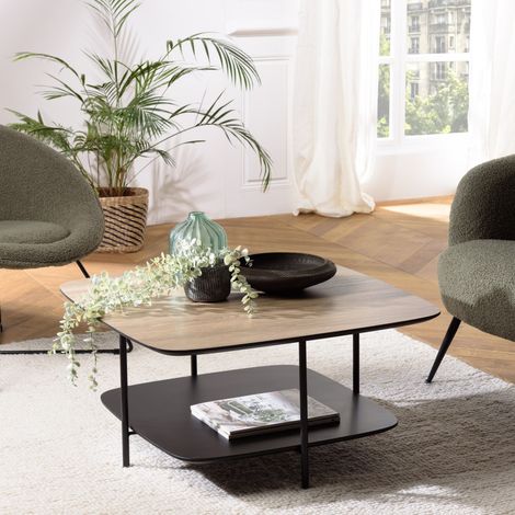 JULIA - Table basse 2 plateaux 75x75 cm bi-matière bois marron/noir (1/5)