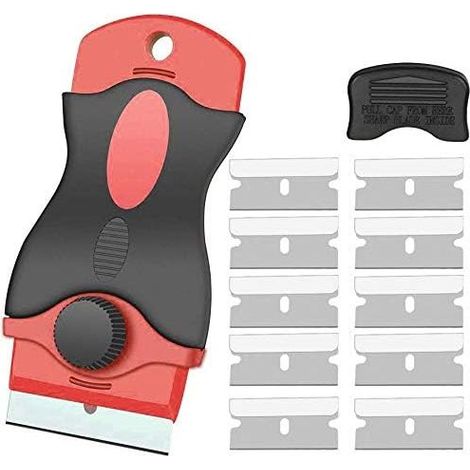 Raspador de vitrocerámica con mango suave + 10 cuchillas metálicas, para limpiar cristales, espejos y suelos. (1/5)