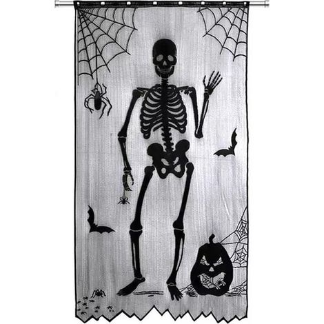 Rideau en dentelle d'Halloween, décoration de porte ou de fenêtre, rideau squelette noir pour fête à thème à la maison (1/5)