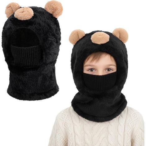 Kinder Sturmhaube mit Bärenohren, winddicht, 4-12 Jahre, Schwarz (1/5)