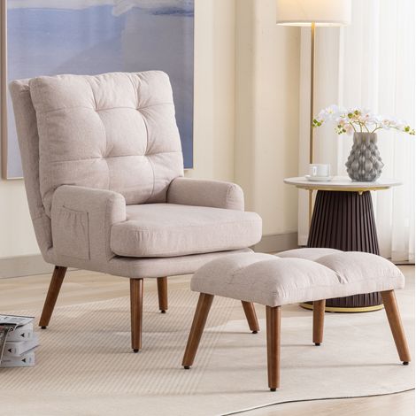 Sillón con reposapiés de espuma beige 69 x 96 x 60 cm, reposabrazos y bolsillos laterales (1/5)