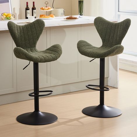 Wahson Lot de 2 tabourets de bar modernes en chenille – Repose-pied en métal – Hauteur réglable 95-116 cm – Assise confortable 60-81 cm, Vert