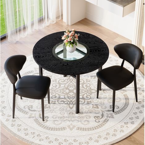 Ensemble table ronde 100 cm avec 2 chaises en cuir régénéré noir, plateau MDF façon bois noir, insert verre et tablette, pour salon ou salle à manger CHICFURN (1/5)