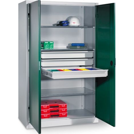 Schwerlastschrank mit mittigem Schubladenblock, 3 x Verstellbare, verzinkte Fachböden Maße in mm (BxTxH): 1200 x 500 x 1950 (1/4)
