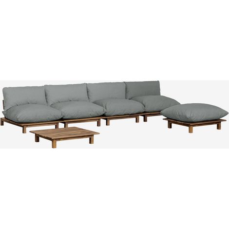 Conjunto de jardín con sofá modular reclinable de 4 piezas, mesa de centro y puff en madera de acacia Brina SKLUM             