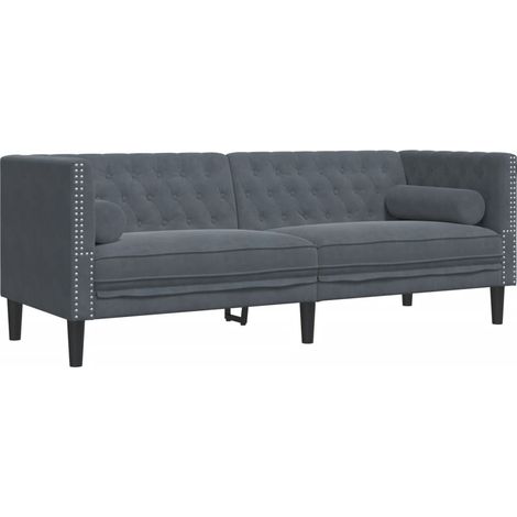 Canapé  Sofa Chesterfield avec traversins 3 places gris foncé velours