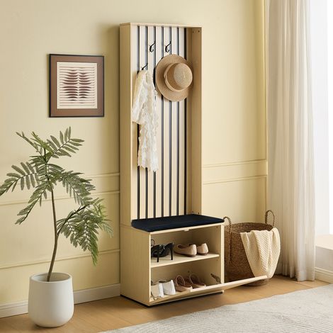 Armoire d'entrée moderne avec banquette et rangement à chaussures – Organisateur de couloir à 4 crochets, assise rembourrée et compartiments de stockage – Élégant, idéal pour hall d'entrée et chambre. (1/5)