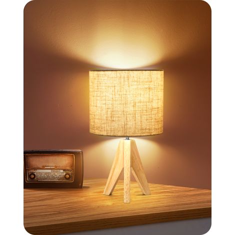 EDISHINE Nachttischlampe Tischlampe Holz, E27 Fassung, Stativ Vintage Landhaus, Beiger Lampenschirm aus Leinen, für modern Deko Schlafzimmer, Wohnzimmer, Nachttisch