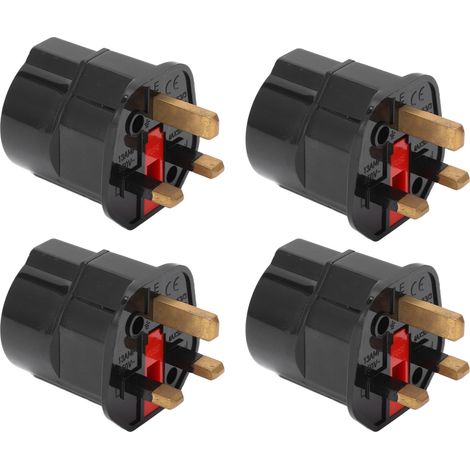 Adaptateur prise britannique 250V, pack de 4, fiche européenne vers UK, avec fusible intégré, câble de terre adapté, noir, conforme norme anglaise. (1/5)