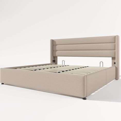 Cama baúl tapizada hidráulica 180x200 cm en lino beige MODENUIT (1/5)