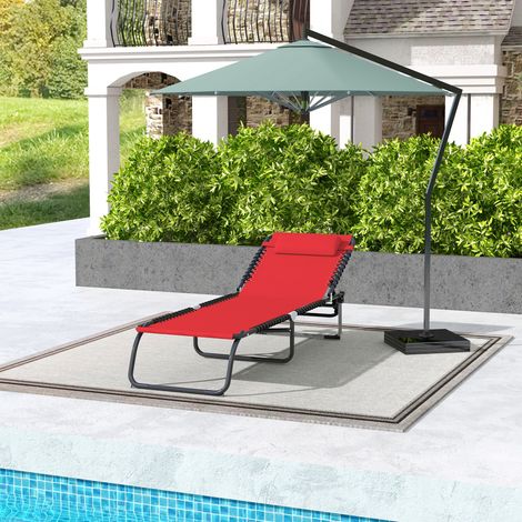 Outsunny Bain de Soleil transat Pliable Dossier inclinable Multi-Positions Acier thermoplastique Lacets élastiques Noir textilène Rouge