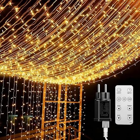 Rideau Lumineux Exterieur, 600 LED 100m Guirlande 8 Modes de Fonctionnement Lumière de Rideau pour Décoration Chambre Mariage Noël Soirée Fête Blanc Chaud