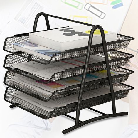[Organiseur de bureau] Support de documents en métal noir, modèle à 4 niveaux en treillis, avec fond arrondi pour protéger le bureau - Rangement pour papier A4, lettres et accessoires (1/2)