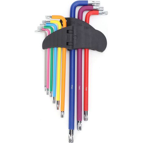 Jeu de 9 clés Allen Torx extra longues, finition colorée, outillage hexagonal robuste pour mécanique et bricolage, lot complet avec poignées ergonomiques. (1/5)
