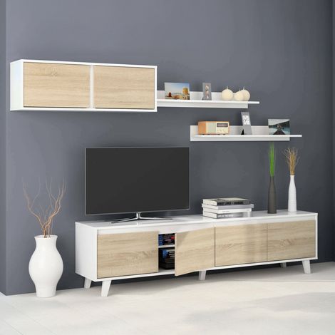Dmora - Einbaufertige Wand Dless, TV-Ständer für Wohnzimmer, Wohnzimmerkomposition mit Wohnwand und Regal, 200x50h41 cm, Weiß und Eiche (1/5)