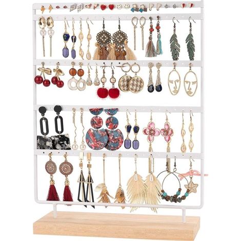 Porte-bijoux - Présentoir à bijoux - Boîte à bijoux pour adultes - Boucles d'oreilles suspendues - Socle en bois - Blanc - 27 x 7 x 35 cm (1/5)