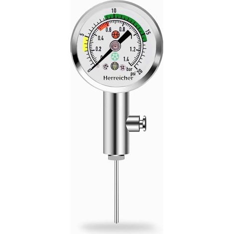 Manomètre de pression à ballon précis, manomètre de pression à ballon professionnel, boîtier métallique durable, cadran clair (0-20 PSI/0-1,4 bar), convient pour le football, le basketball, le volleyb (1/5)