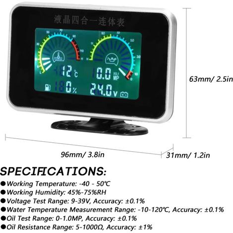Compteur numérique 4 en 1 pour voiture, camion, SUV et camping-car : pression d'huile, tension, température d'eau, jauge de carburant. Instrument universel 9-36 V. (1/4)