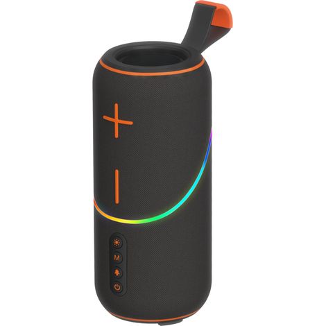 Une enceinte Bluetooth portable noire de 20 W avec caisson de basses, son Harman Hi-Fi, lumière LED et longue autonomie — idéale pour une utilisation en extérieur. (1/3)