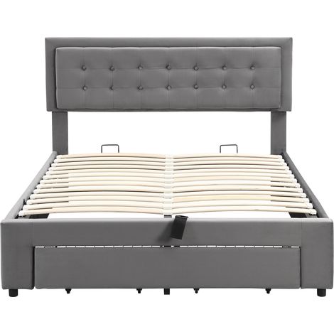 Gepolstertes Bett 140 x 190 cm aus grauem Samt mit Lattenrost, Kopfteil und Stauraum (1/5)