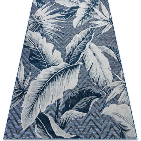 Teppich Strukturell BOTANIC 65242 Federn, Zickzack flach gewebt für Balkon, Terrasse - dunkelblau blue 117x170 cm