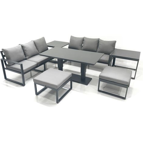 Fimous 8 Seater Aluminium Outdoor Garden Furniture Set with Adjustable Rising Lifting Dining Table 3 Seater Sofa 2 Big Footstool 2 Side Tables Dark Grey (1/5)