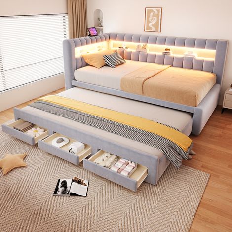 Facile à Déployer Lit Gigogne 90x190 cm Canapé Convertible avec Rangements Tiroirs Port USB et LED Velours Gris Clair (1/5)