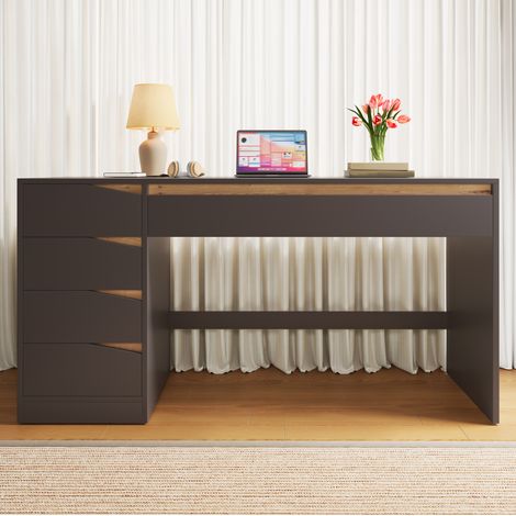 Escritorio con 5 cajones de 140 x 50 cm en gris y madera clara, mesa de ordenador de MDF para despacho, estudio o dormitorio – CHICFURN, amplio y funcional (1/5)
