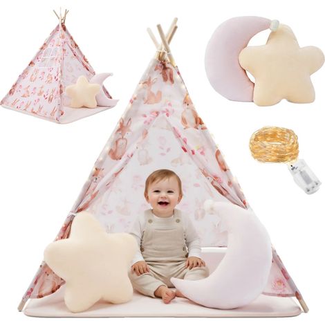 Tente Teepee, Coussins Confortables, Lumières LED, Rose, XXL (1/5)