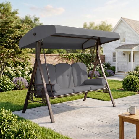 Balancelle de jardin 3 places avec pare-soleil réglable, porte-gobelet et coussins, 208 x 120 x 172 cm, grise (1/5)