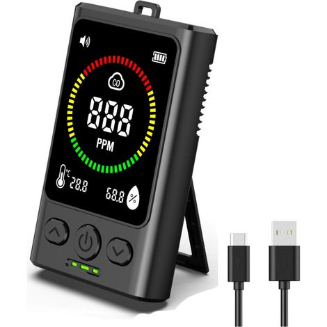 Détecteur de monoxyde de carbone portable 3-en-1 noir avec capteur de température et humidité, alarme CO pour maison, camping et véhicule (1/5)