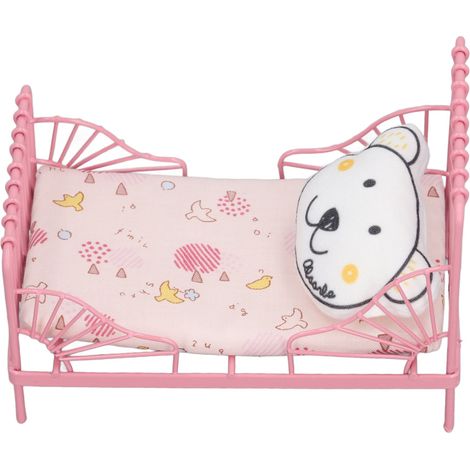 Lit en métal pour maison de poupée à l'échelle 1:12, mobilier miniature, décoration ours rose et motif oiseau rose pour chambre à coucher (1/5)