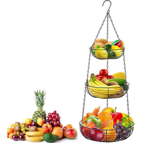 Corbeille à fruits suspendue noire à 3 étages - En métal noir - Avec crochet - Panier à fruits à suspendre avec crochet de plafond (1/5)