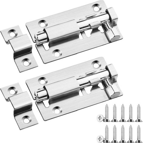 Lot de 2 verrous de porte coulissants en acier inoxydable avec vis - Verrou de sécurité pour salle de bain, toilettes, porte de jardin et abri de jardin - Tôle de fermeture renforcée pour portes (1/5)