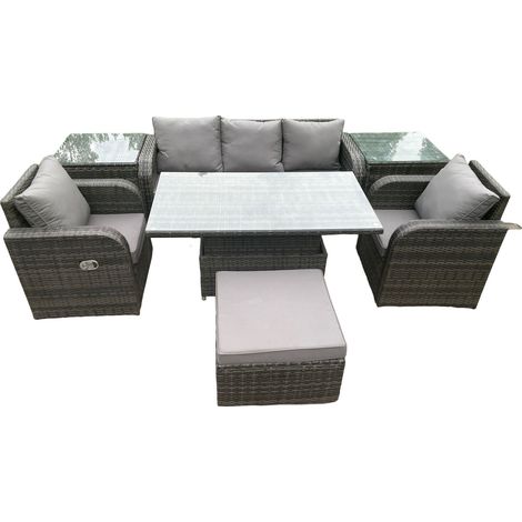 Fimous Osier PE rotin ensemble salon de jardin extérieur hauteur réglable table à manger avec fauteuil 2 tables d'appoint repose-pieds (1/5)