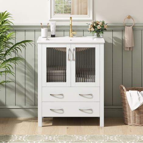 Mueble de baño con lavabo de cerámica, 61 cm, blanco brillo DESVIAE (1/5)