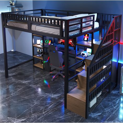 Lit adulte mezzanine 140x200 métal avec bureau noir OKMYHOME (1/5)